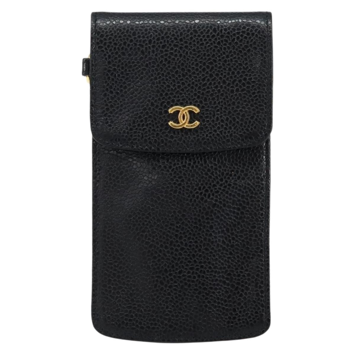 CHANEL COCO Mark Pouch Caviar Skin Black Gold CC Auth bs30918