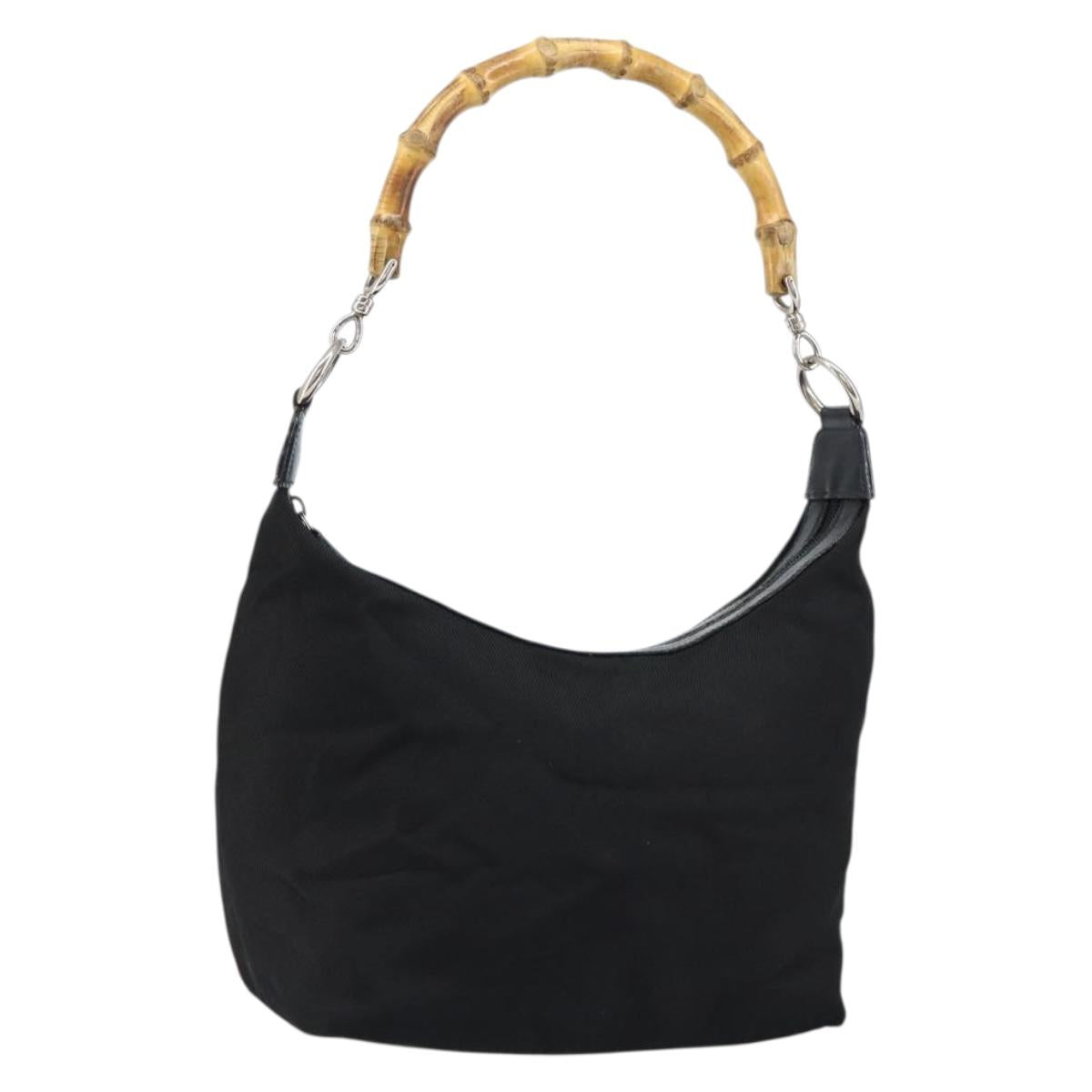 GUCCI Bamboo Hand Bag Nylon Black Silver 000 1956 0531 Auth bs30948