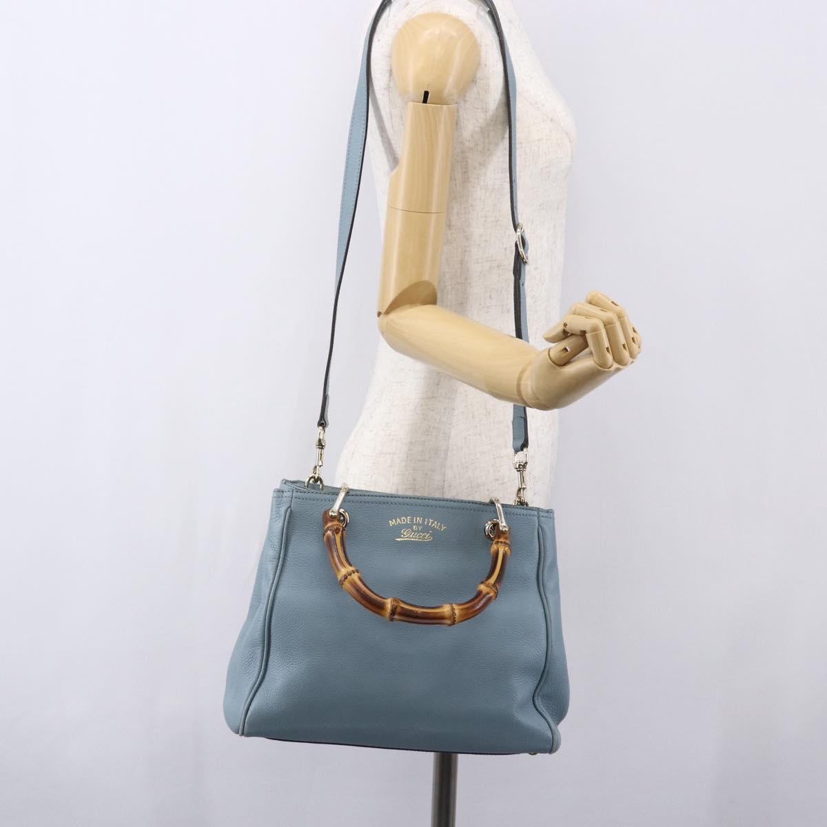 GUCCI Bamboo Hand Bag Leather 2way Blue Silver 336032 Auth bs30949