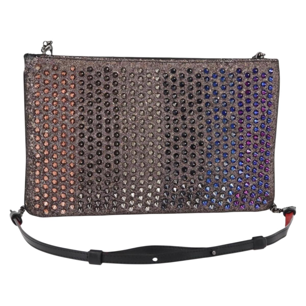 Christian Louboutin Studs Chain Shoulder Bag Canvas Pink Auth bs30956