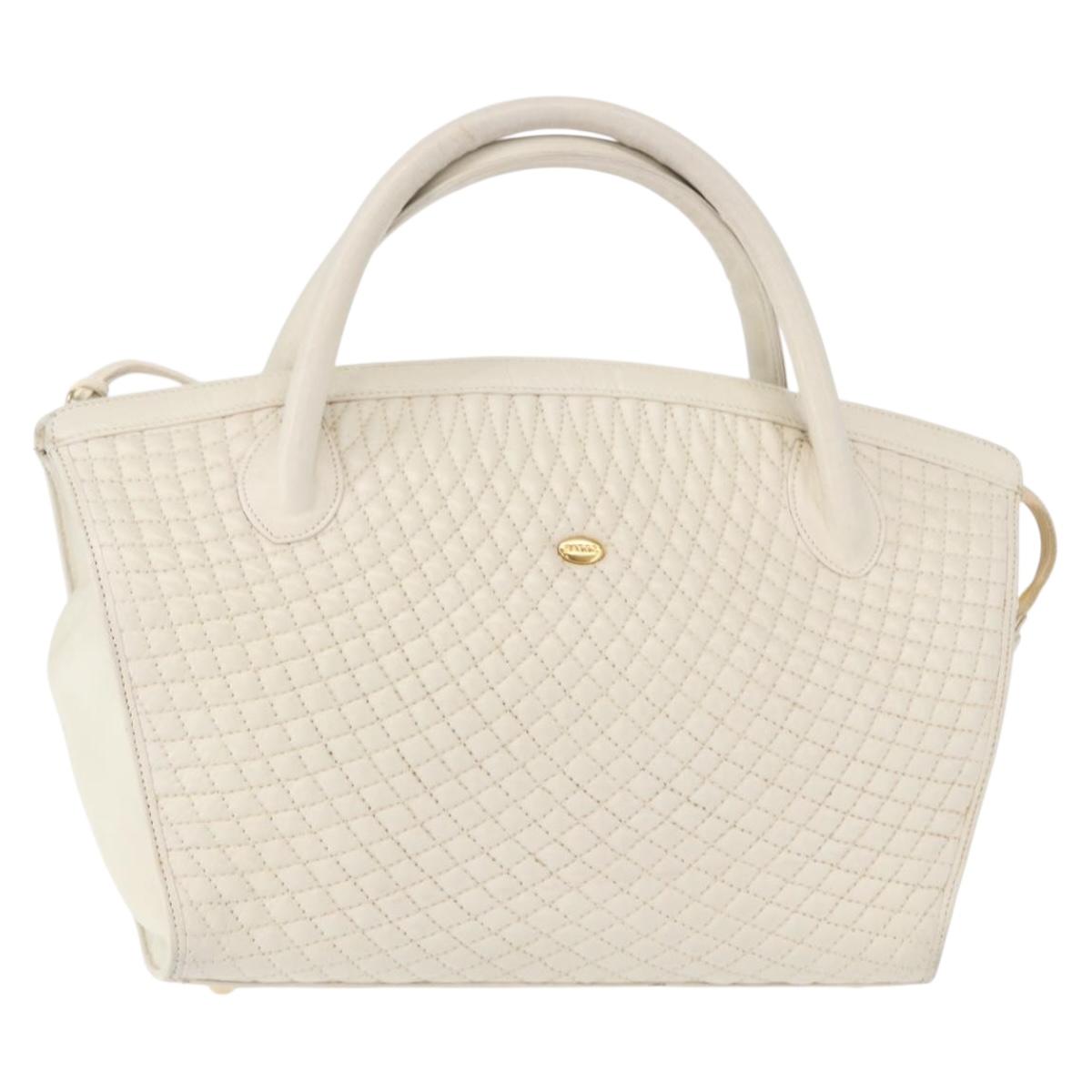 BALLY Hand Bag Leather White Gold Auth bs30959