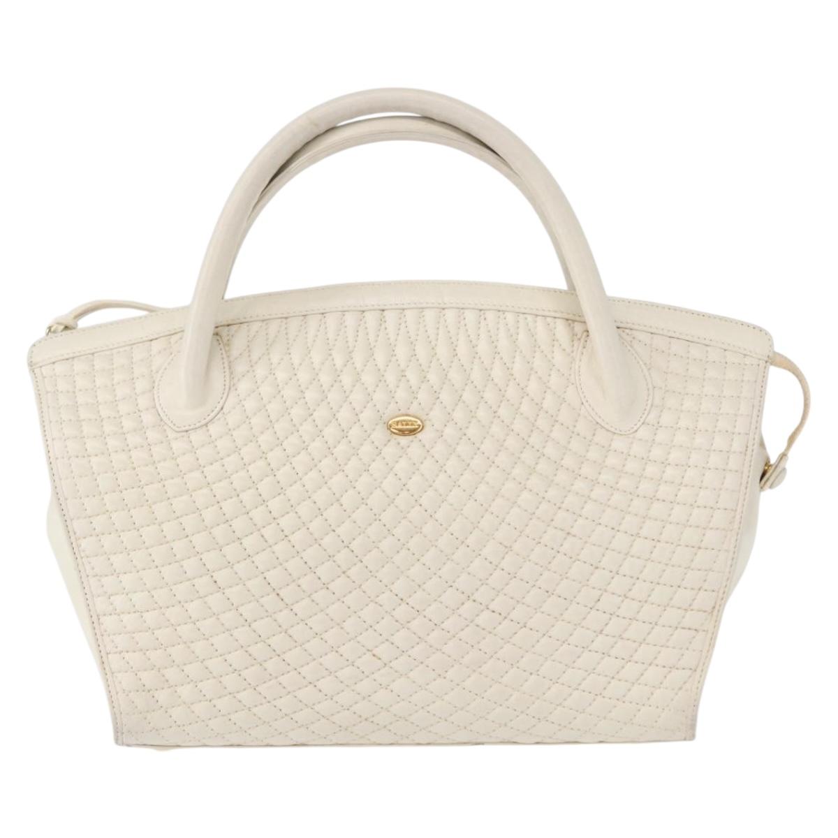 BALLY Hand Bag Leather White Gold Auth bs30959