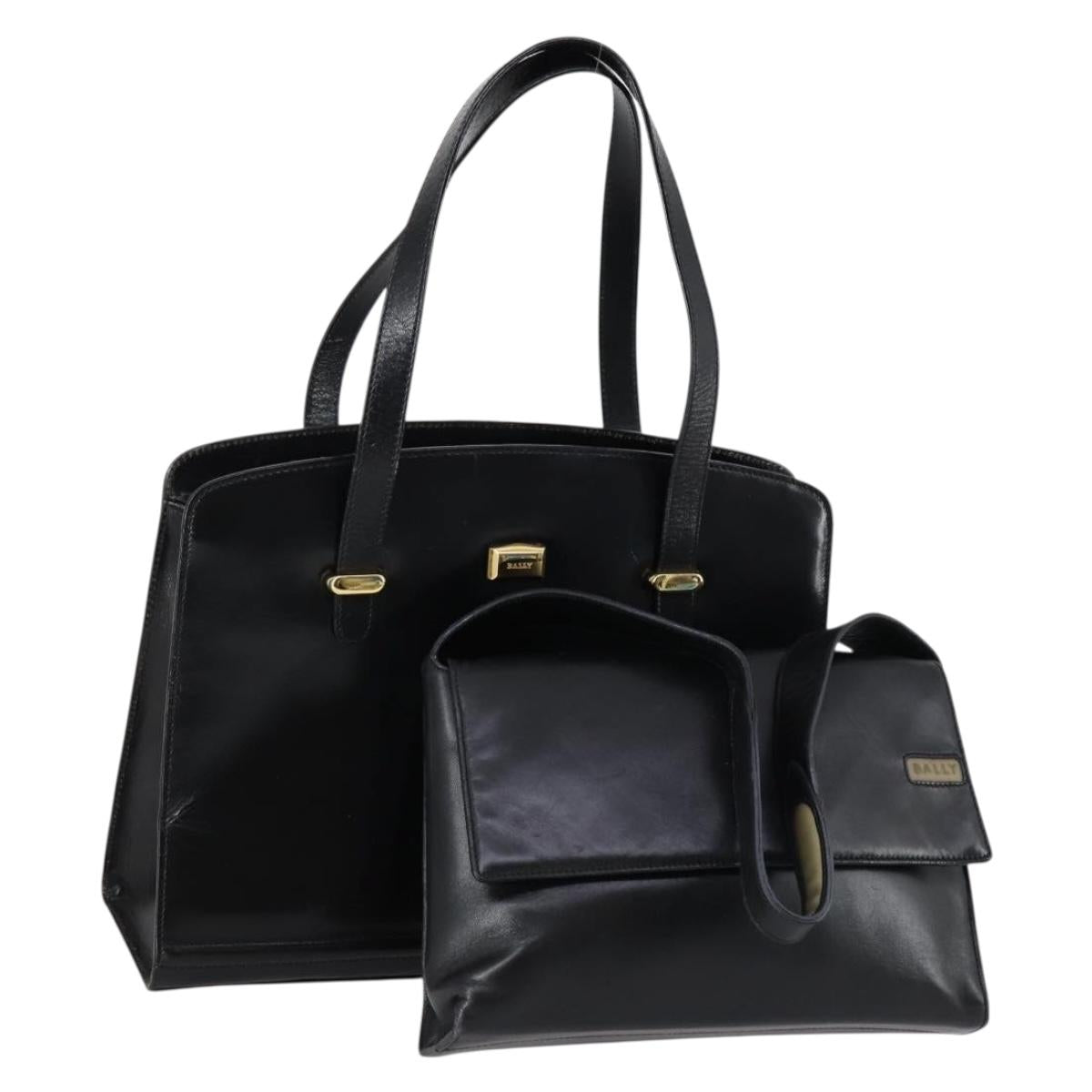 BALLY Hand Bag Leather 2 Set Black Auth bs30961
