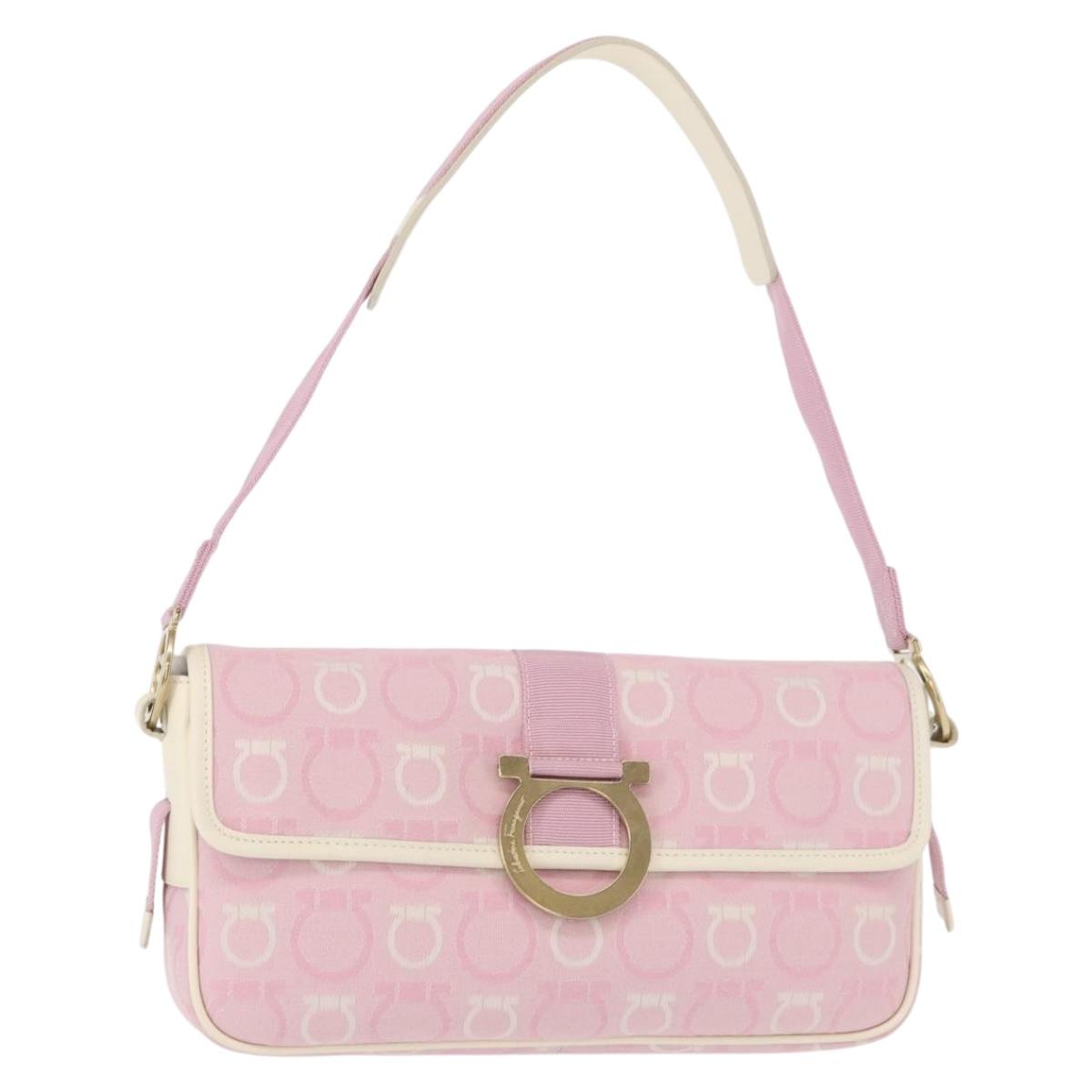 Salvatore Ferragamo Gancini Shoulder Bag Canvas Pink Gold Auth bs30965