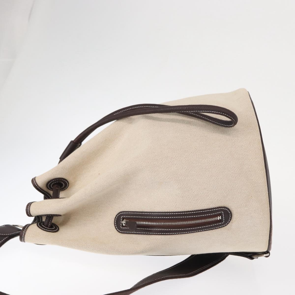 HERMES Sac Marine Recife MM Shoulder Bag Canvas Leather Beige Auth bs30975