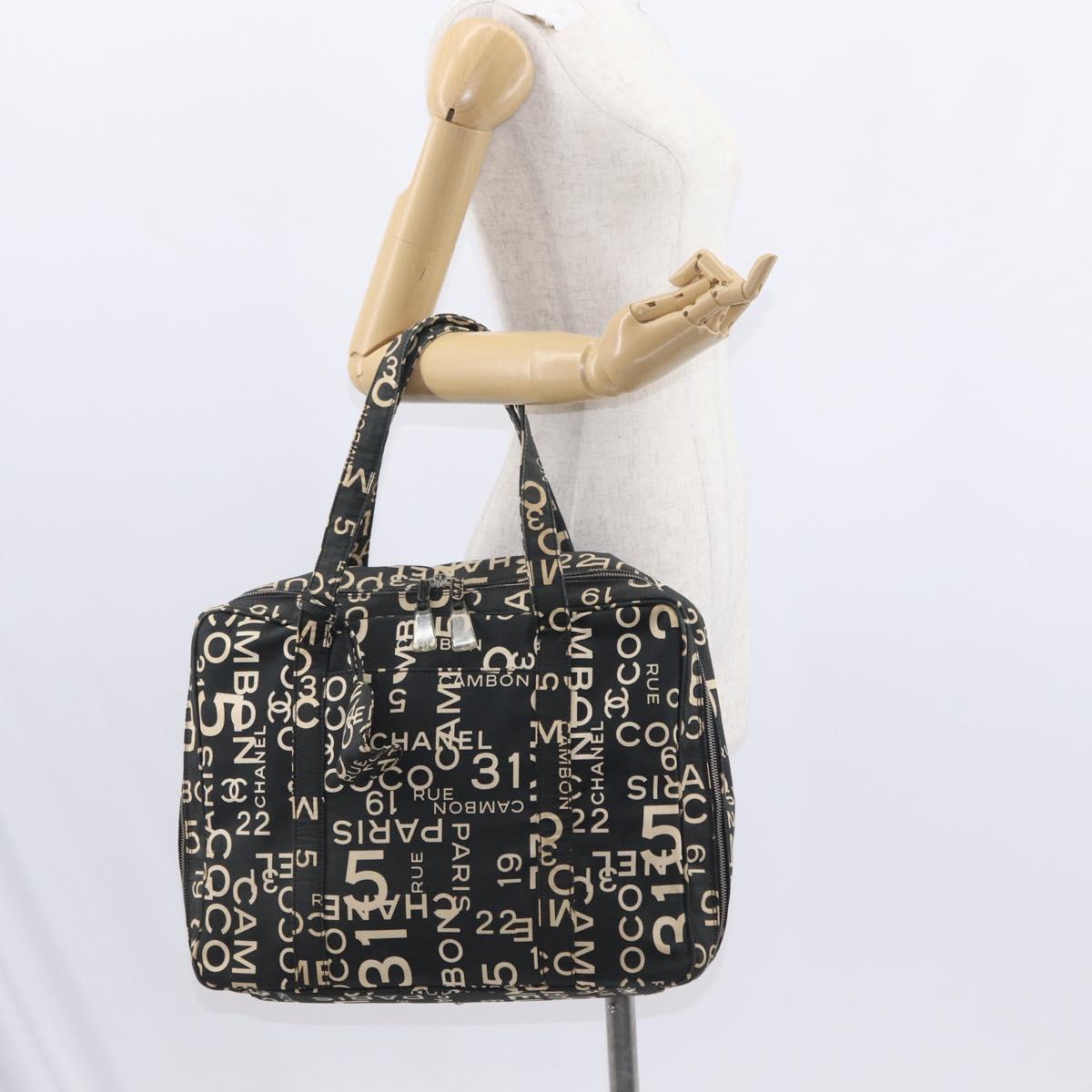 CHANEL Bysy Line Boston Bag Canvas Black CC Auth bs30986