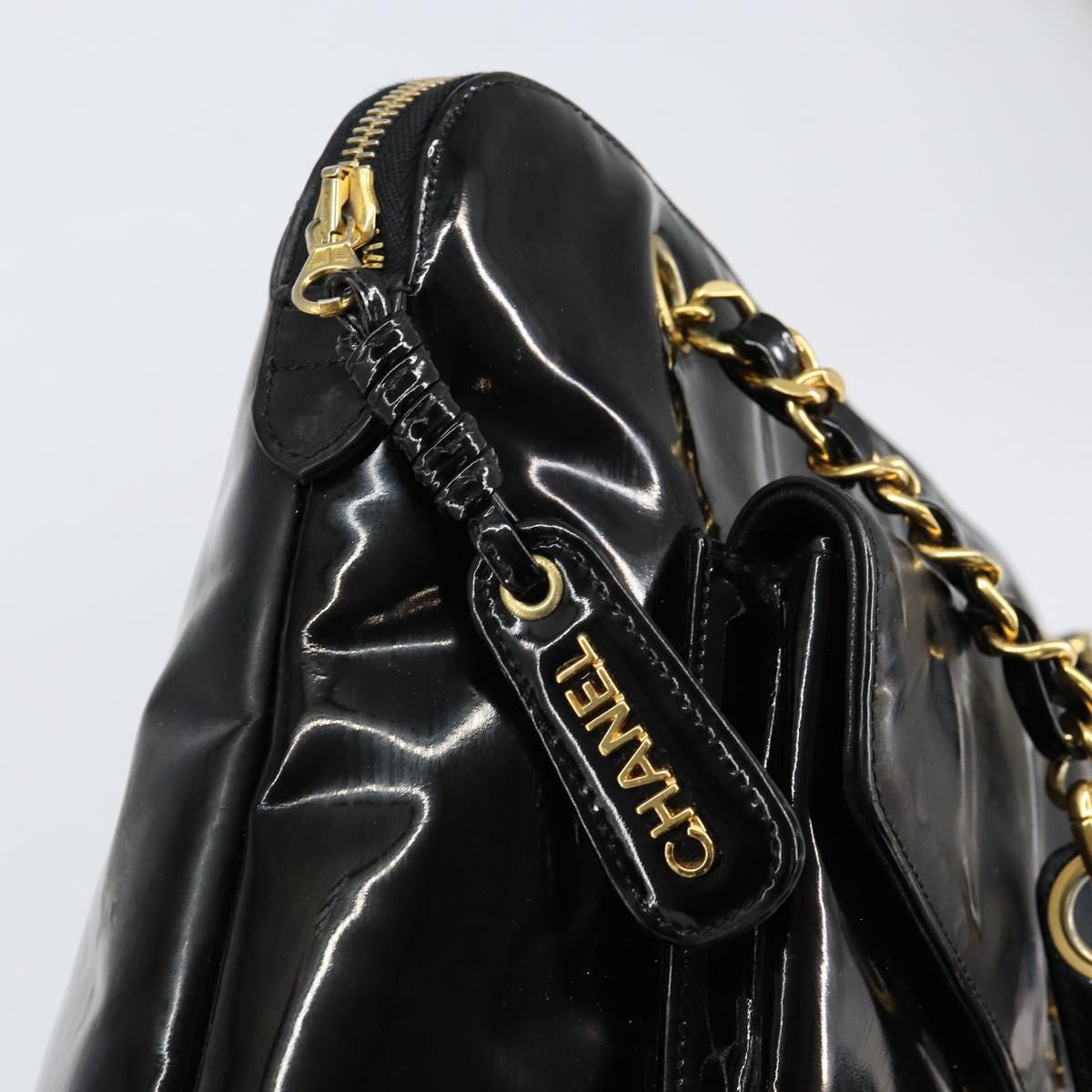 CHANEL Shoulder Bag Enamel Black Gold CC Auth bs30988