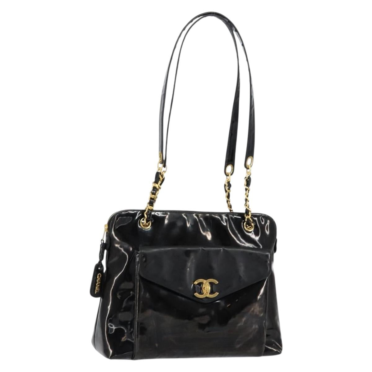 CHANEL Shoulder Bag Enamel Black Gold CC Auth bs30988