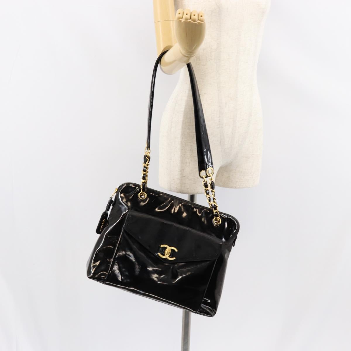 CHANEL Shoulder Bag Enamel Black Gold CC Auth bs30988