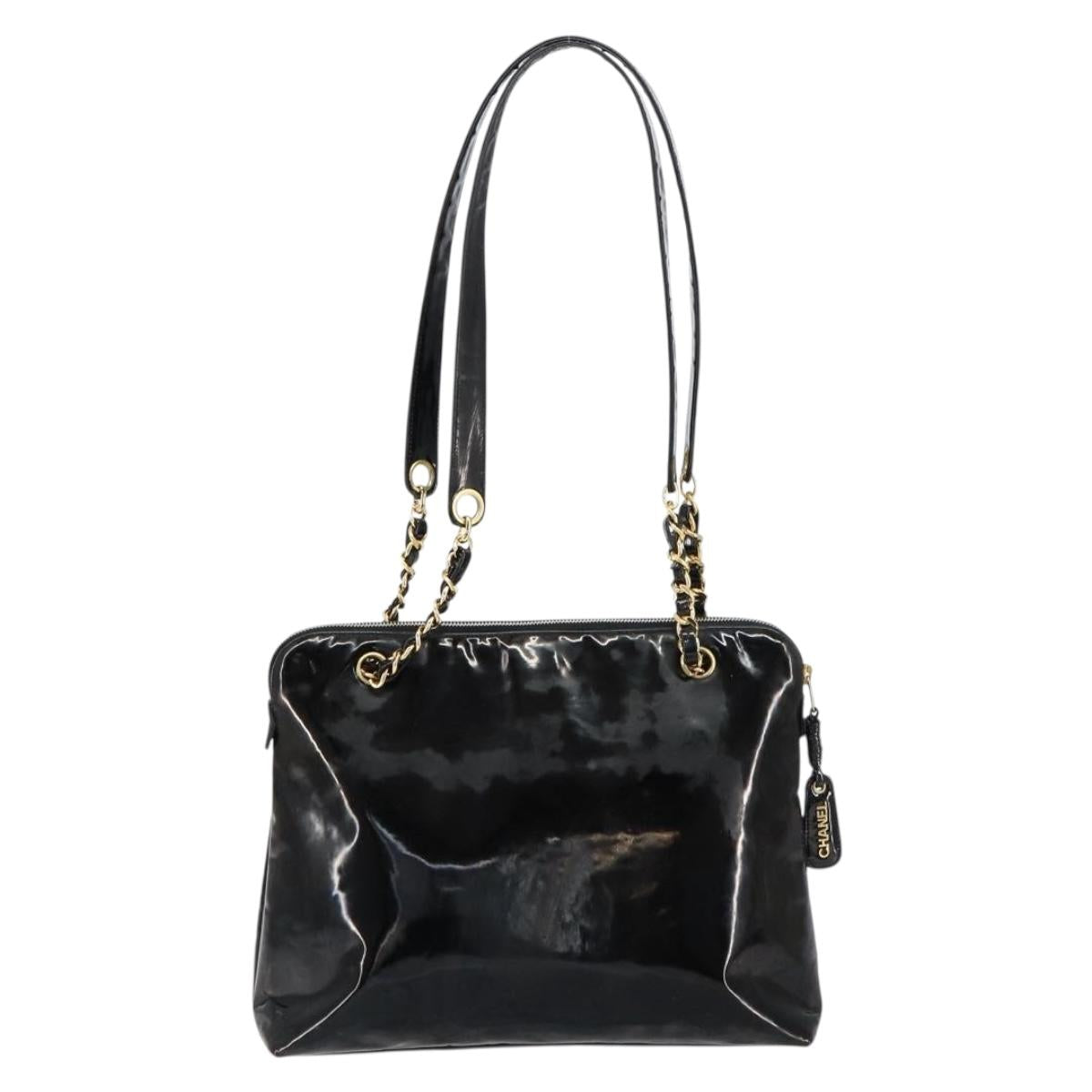 CHANEL Shoulder Bag Enamel Black Gold CC Auth bs30988