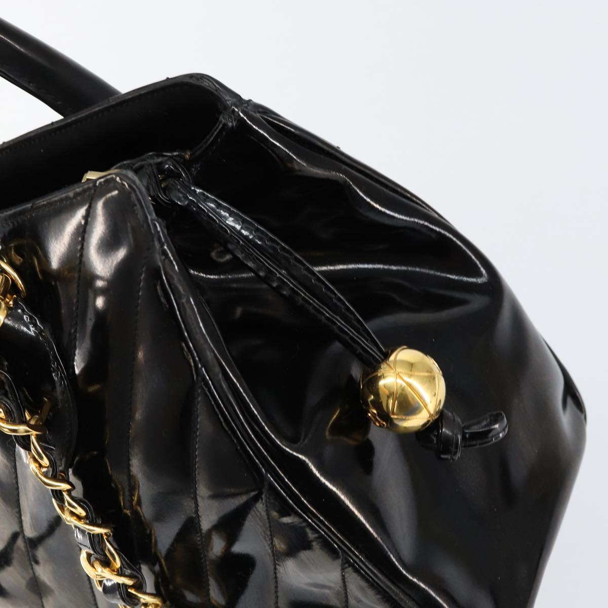 CHANEL V Stitch Hand Bag Enamel 2way Black Gold CC Auth bs30989