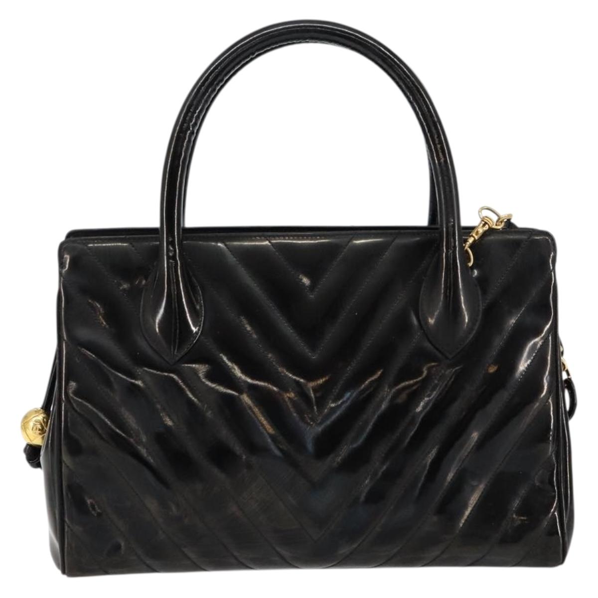 CHANEL V Stitch Hand Bag Enamel 2way Black Gold CC Auth bs30989