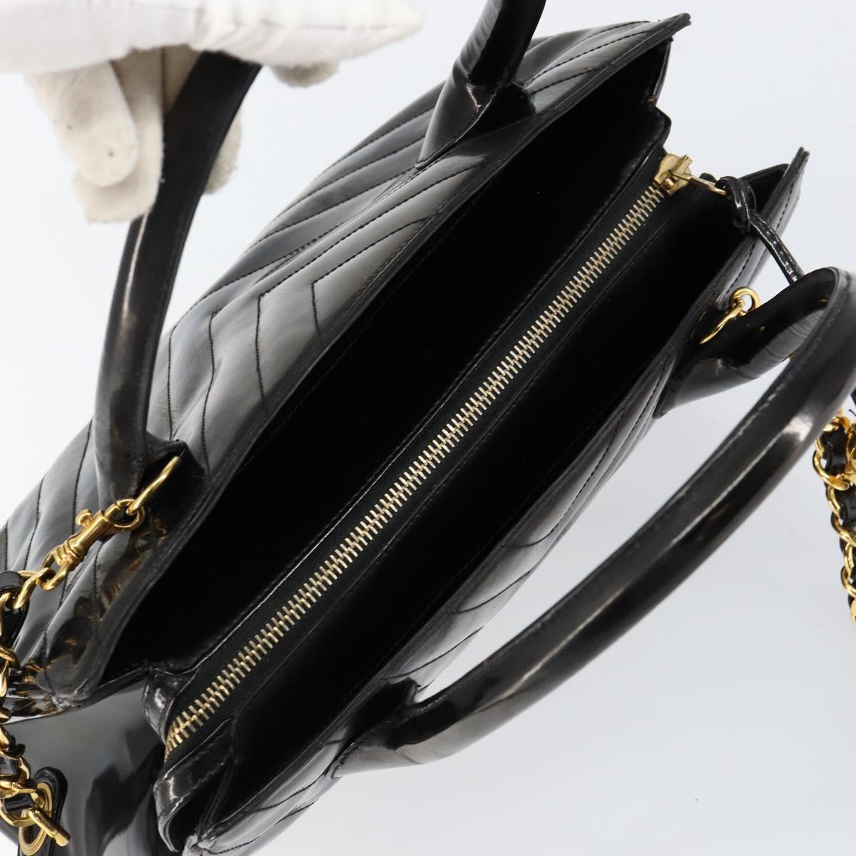 CHANEL V Stitch Hand Bag Enamel 2way Black Gold CC Auth bs30989