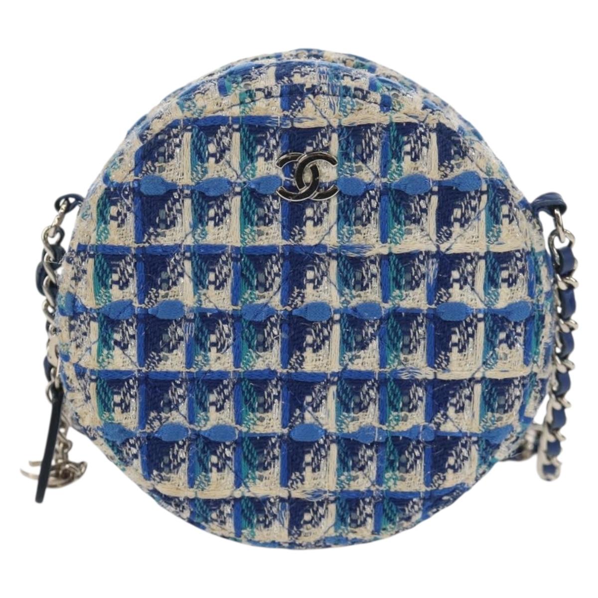 CHANEL Chain Shoulder Bag Tweed Blue Silver CC Auth bs30994V