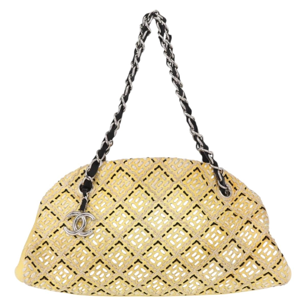 CHANEL Mademoiselle Chain Shoulder Bag Enamel Yellow Silver CC Auth bs30996