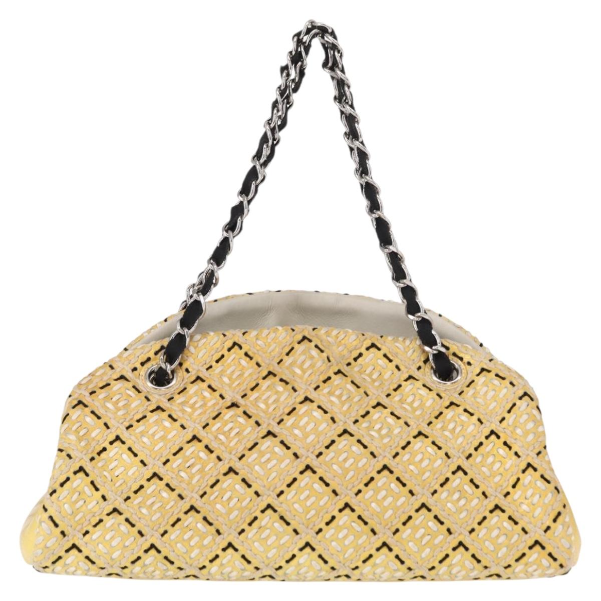 CHANEL Mademoiselle Chain Shoulder Bag Enamel Yellow Silver CC Auth bs30996