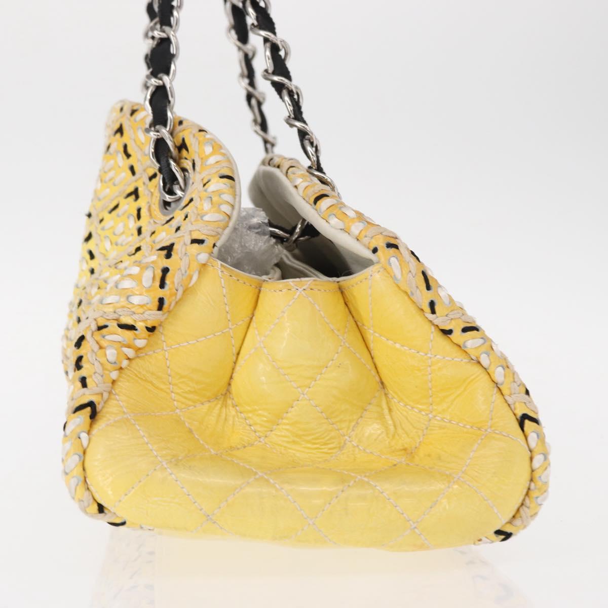 CHANEL Mademoiselle Chain Shoulder Bag Enamel Yellow Silver CC Auth bs30996