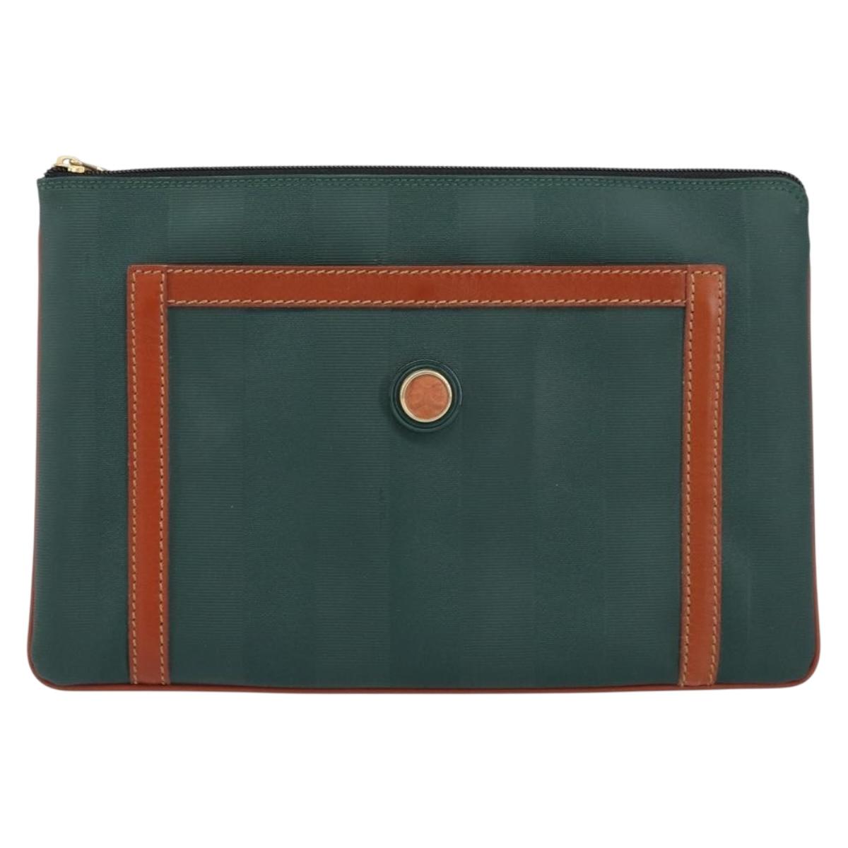 FENDI Pecan Canvas Clutch Bag PVC Green Gold Auth bs31005