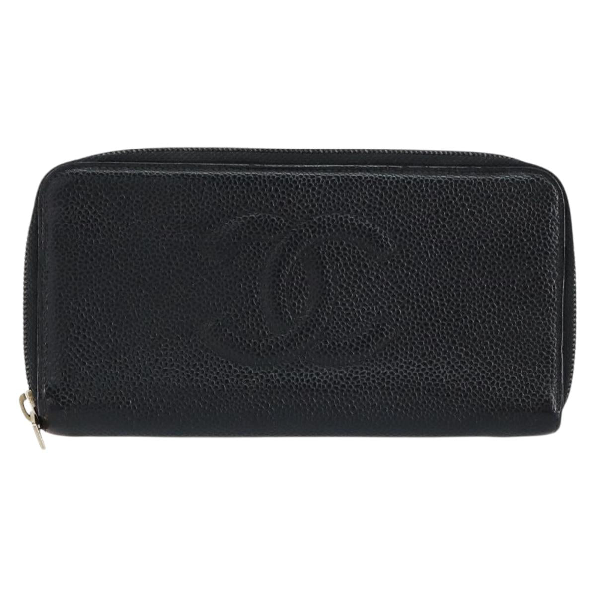 CHANEL COCO Mark Long Wallet Caviar Skin Black Silver CC Auth bs31033