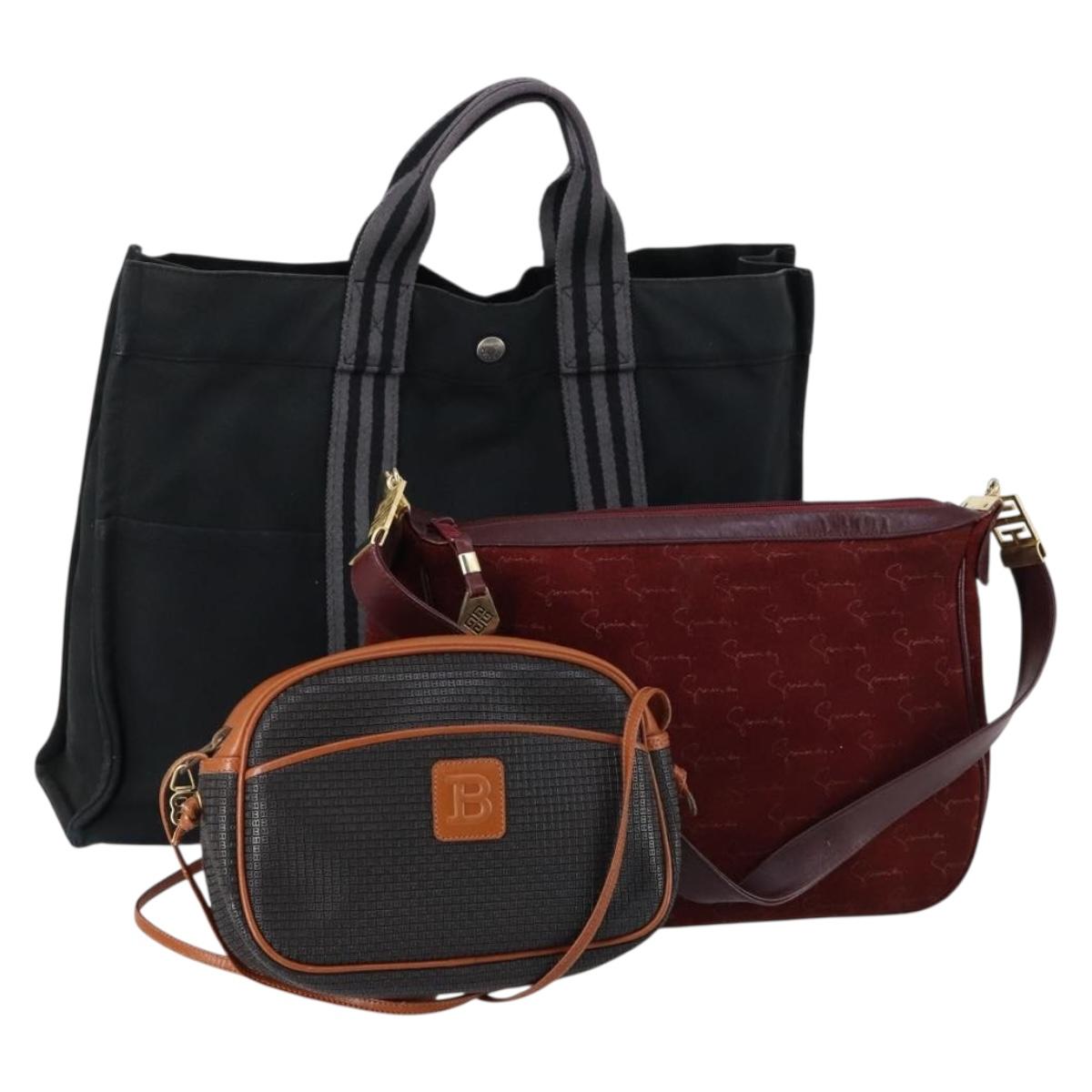 HERMES Givenchy Bally Bag Canvas Suede PVC 3 Set Beige Bordeaux Auth bs31062