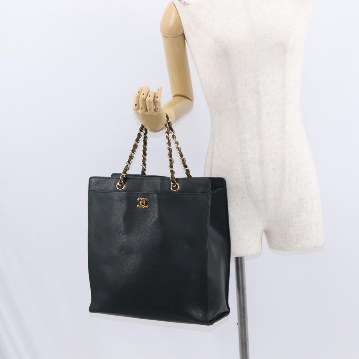 CHANEL Chain Hand Bag Caviar Skin Green Gold CC Auth bs31109