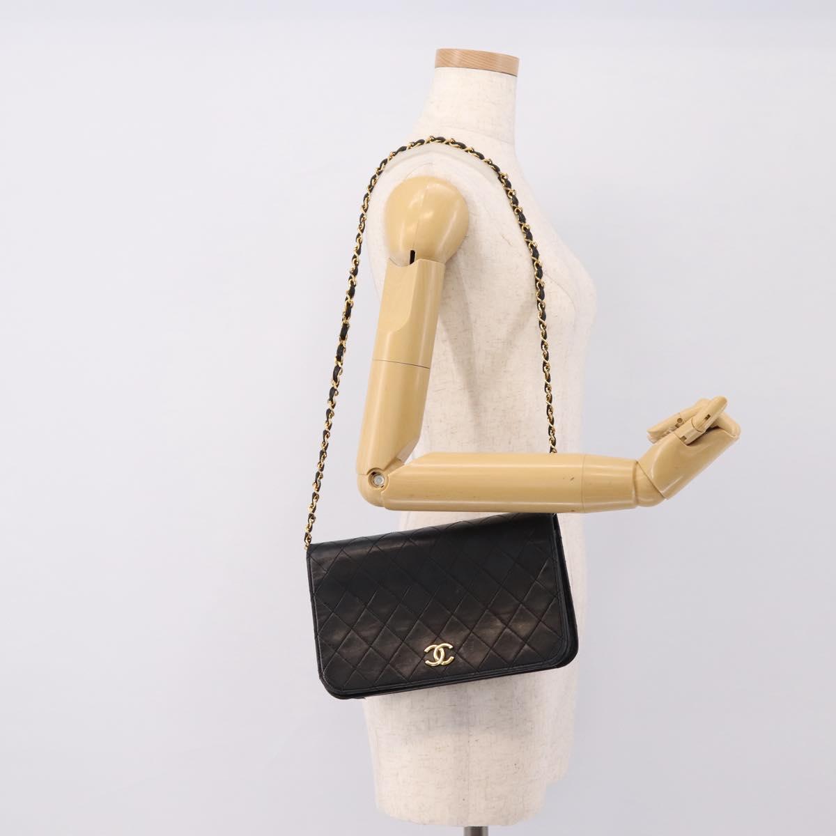 CHANEL Matelasse Chain Shoulder Bag Lamb Skin Black Gold CC Auth bs31111
