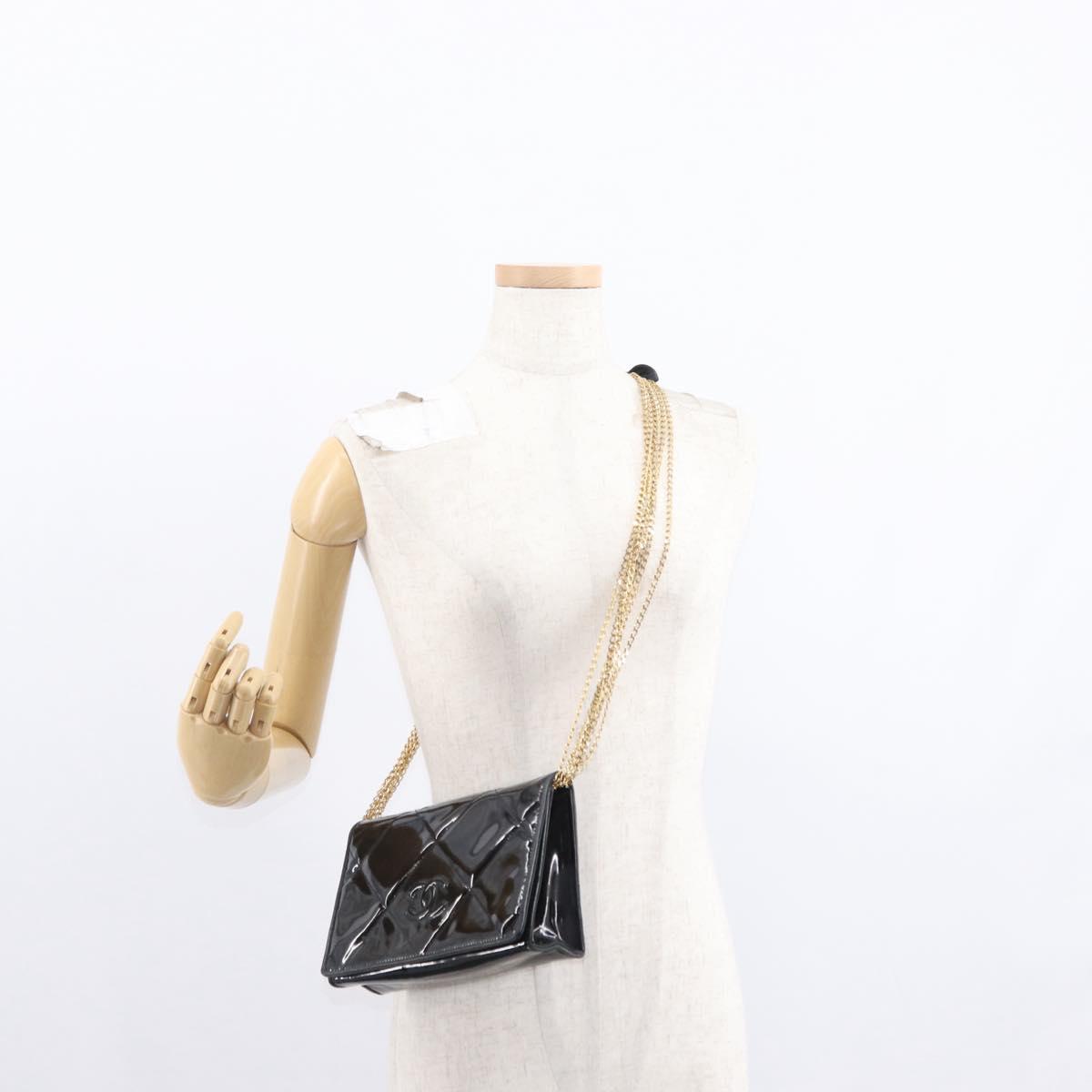 CHANEL Matelasse Chain Shoulder Bag Enamel Black Gold CC Auth bs31115