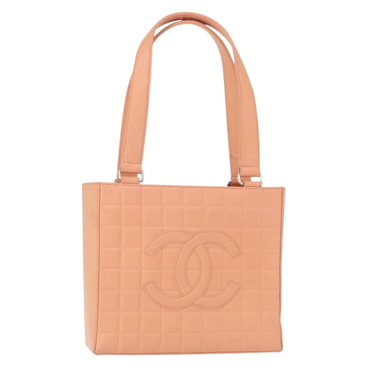 CHANEL Choco Bar Hand Bag Lamb Skin Beige CC Auth bs31118