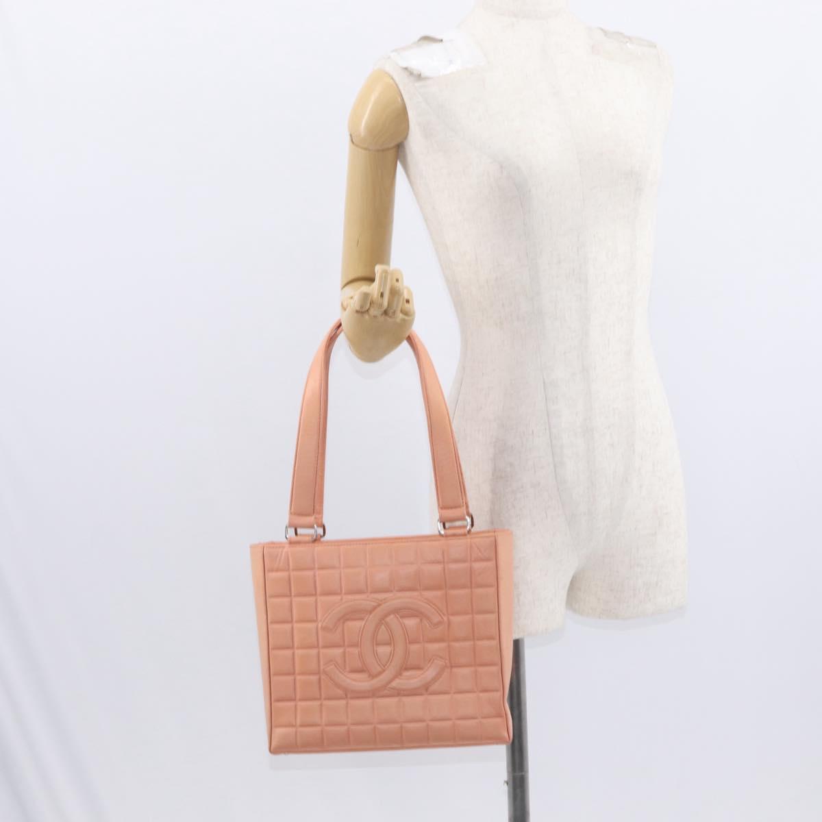 CHANEL Choco Bar Hand Bag Lamb Skin Beige CC Auth bs31118