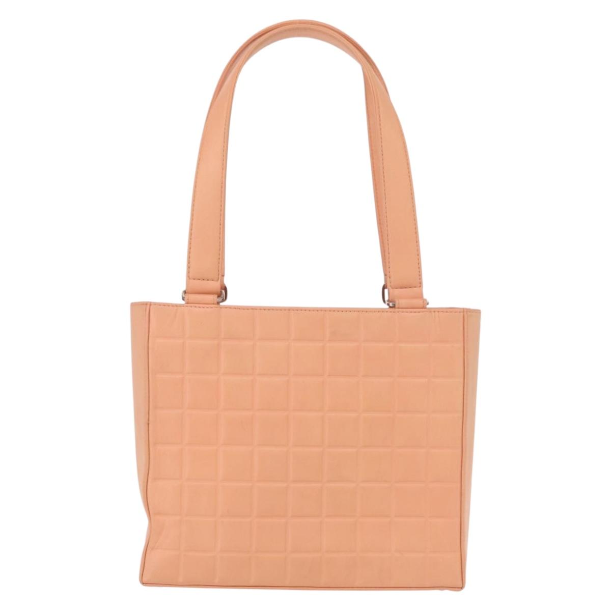 CHANEL Choco Bar Hand Bag Lamb Skin Beige CC Auth bs31118