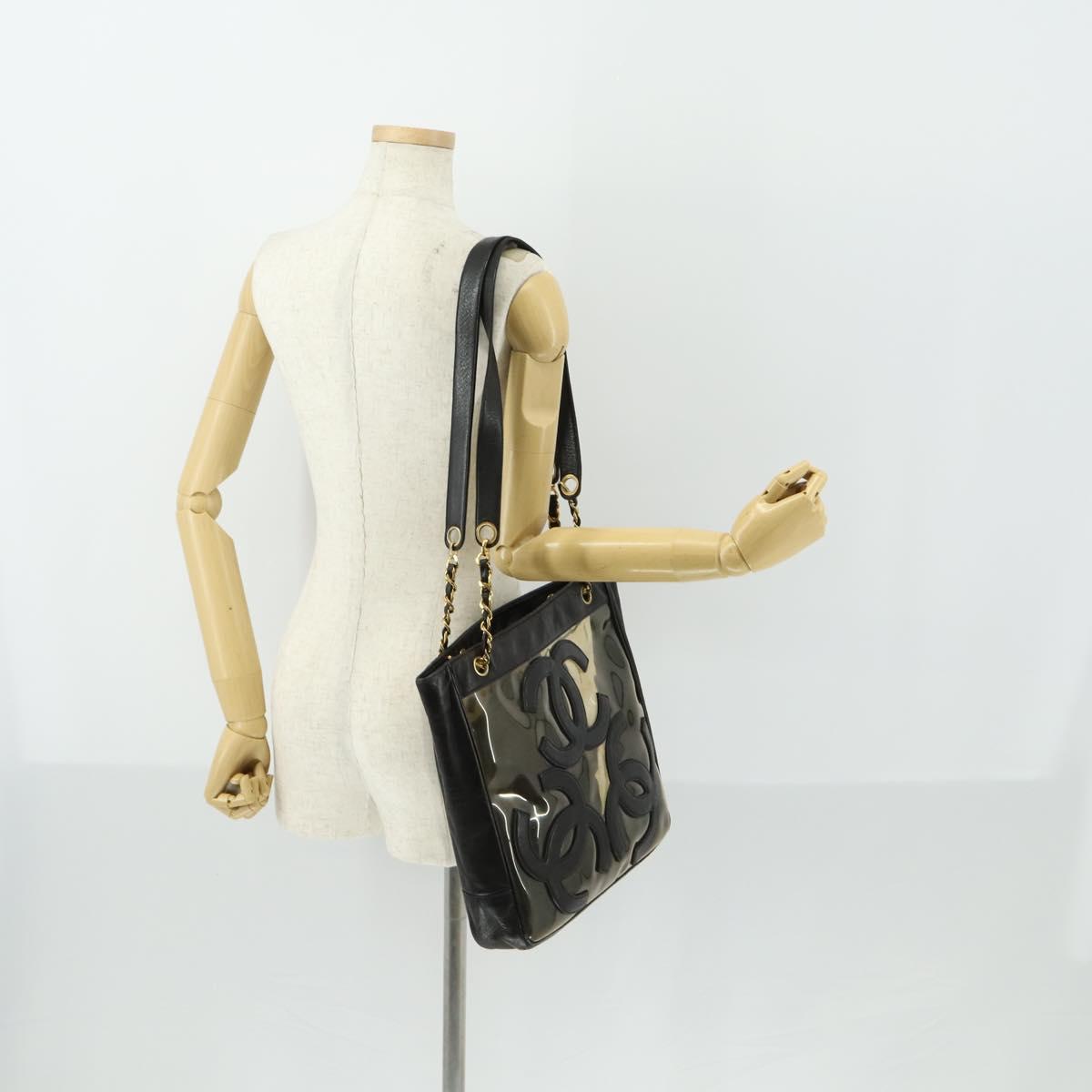 CHANEL Tote Bag Vinyl Black Gold CC Auth bs31121