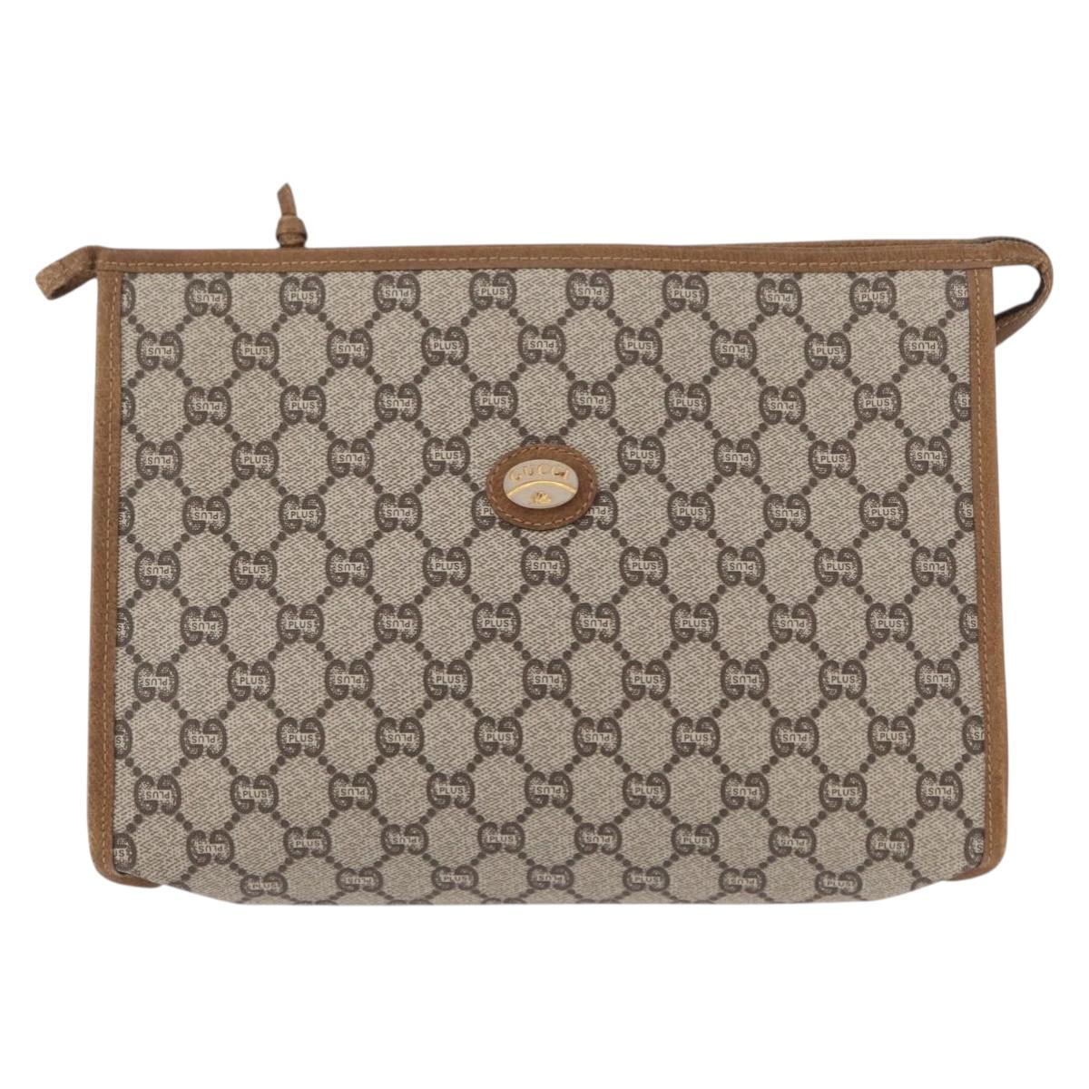 GUCCI GG Plus Supreme Clutch Bag PVC Beige Gold Auth bs31131