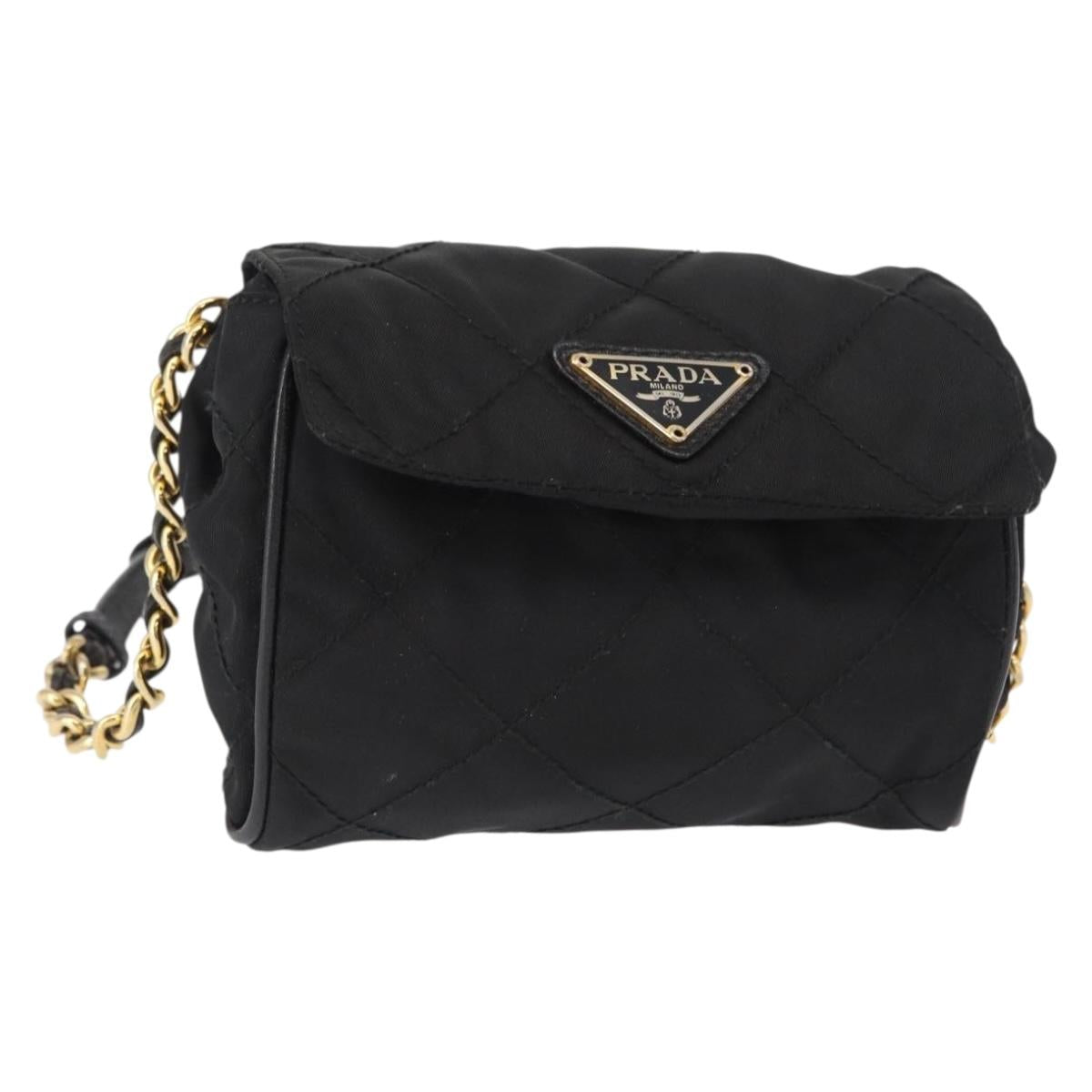 PRADA Chain Shoulder Bag Nylon Black Gold Auth bs31141