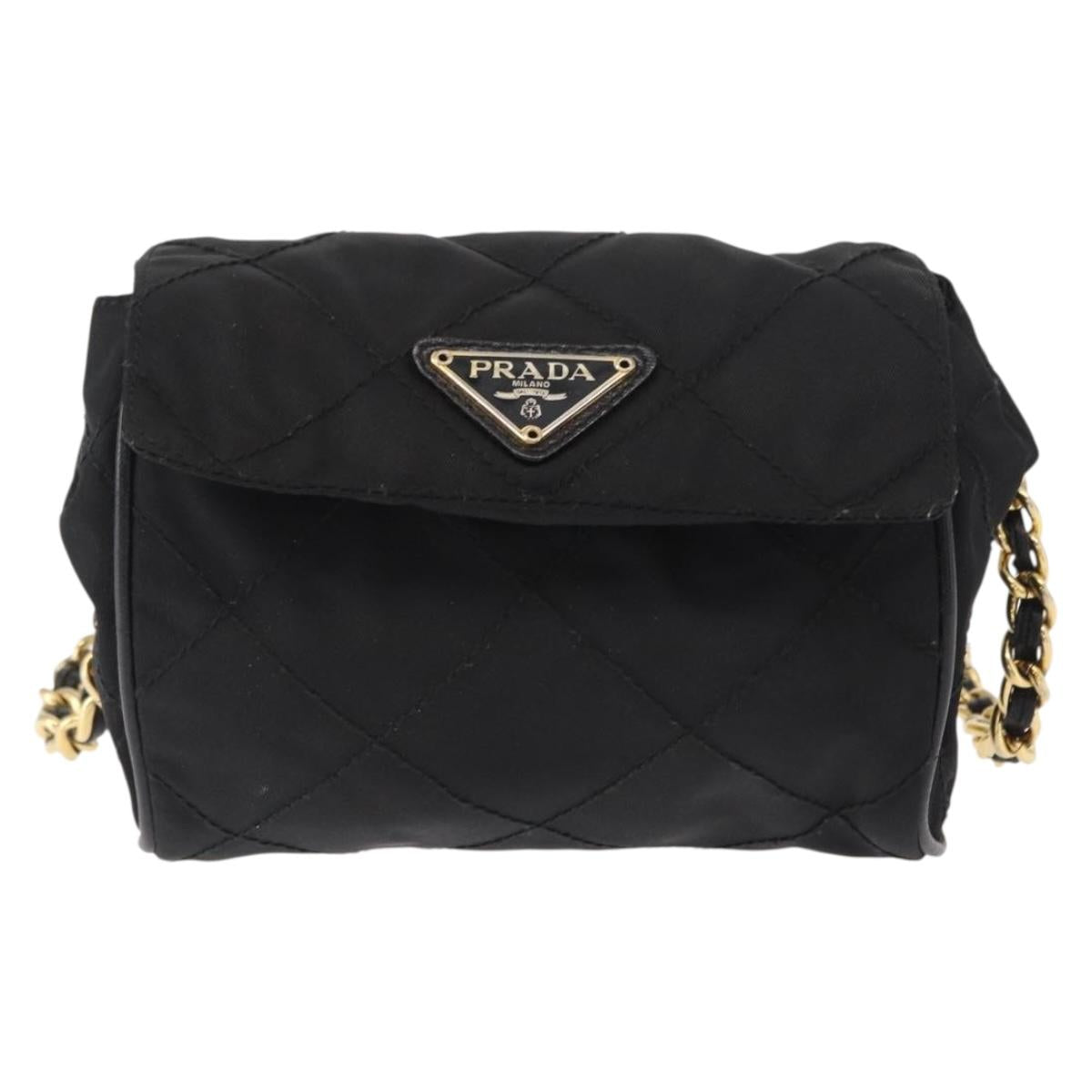 PRADA Chain Shoulder Bag Nylon Black Gold Auth bs31141