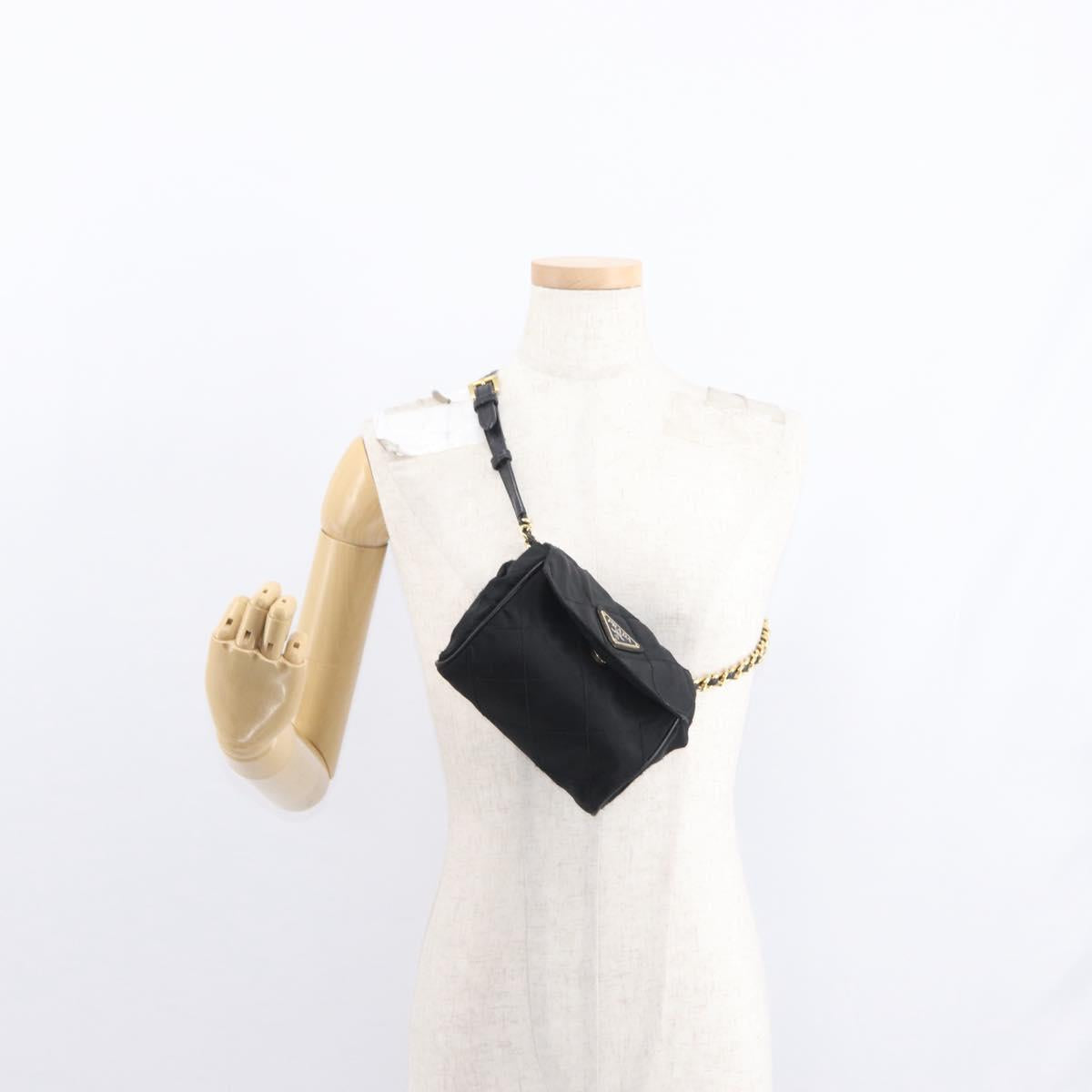 PRADA Chain Shoulder Bag Nylon Black Gold Auth bs31141