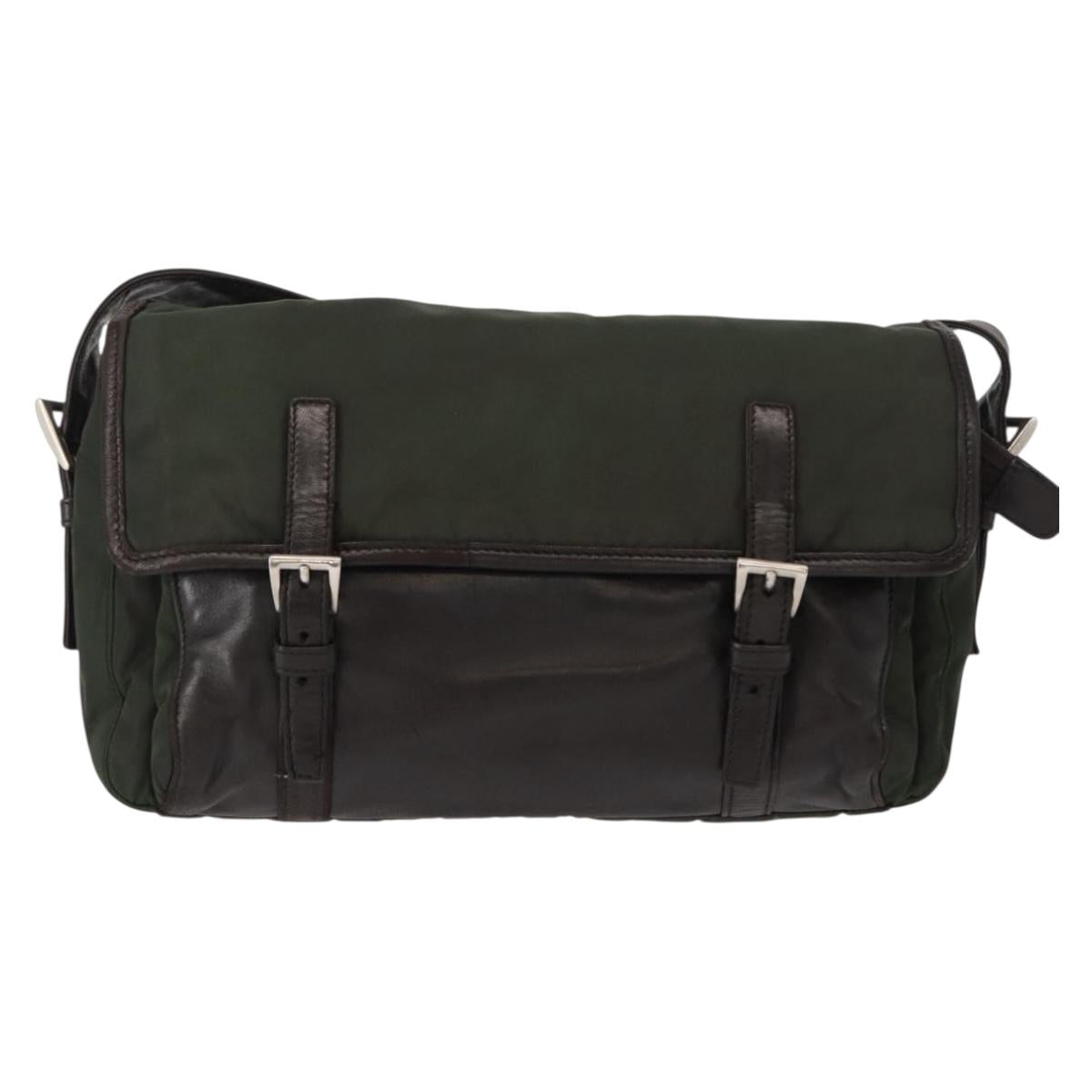 PRADA Shoulder Bag Nylon Leather Khaki Silver Auth bs31146