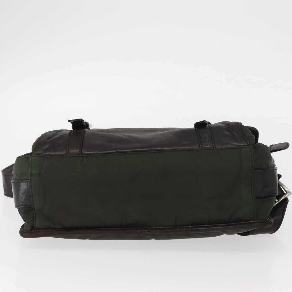 PRADA Shoulder Bag Nylon Leather Khaki Silver Auth bs31146