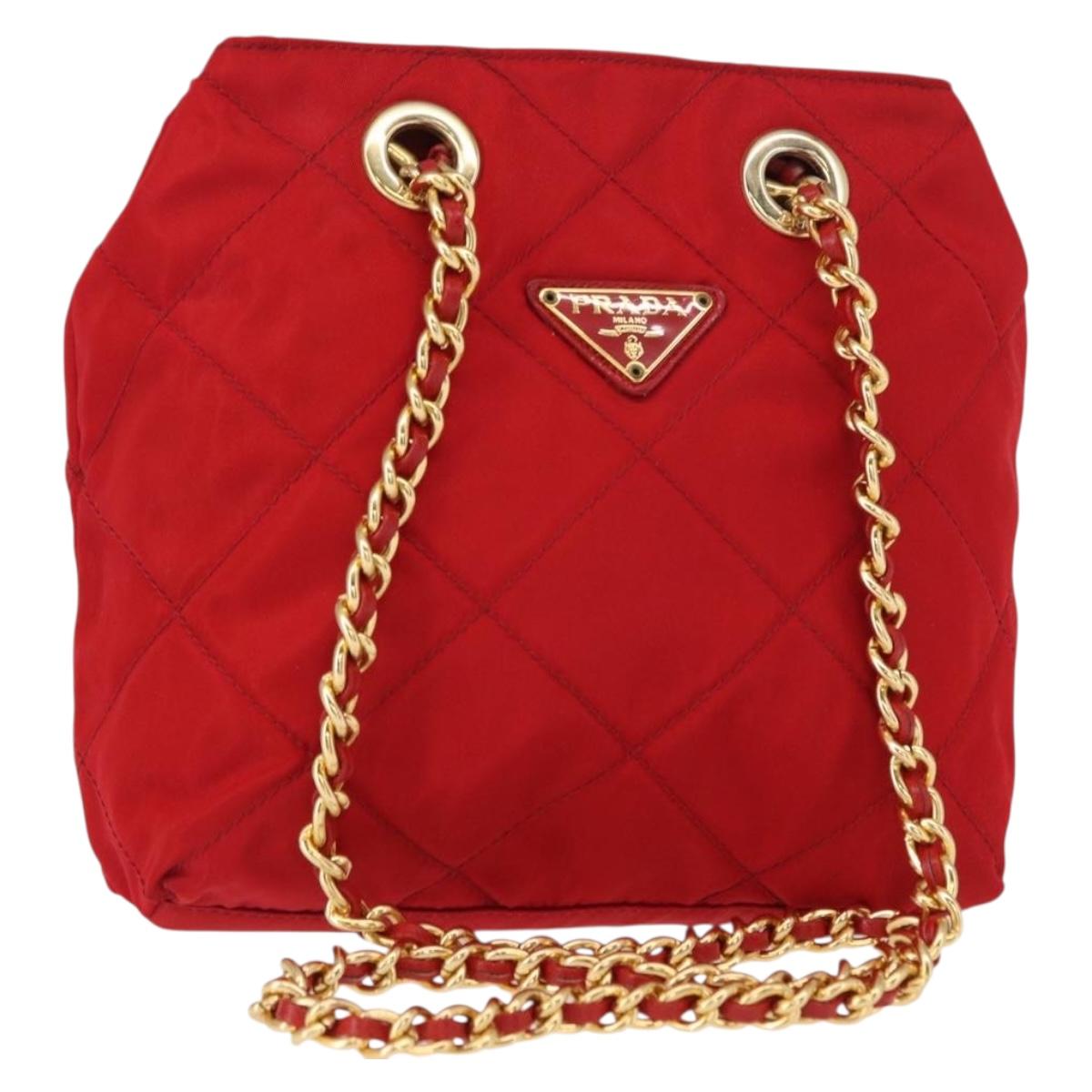 PRADA Chain Shoulder Bag Nylon Red Gold Auth bs31153