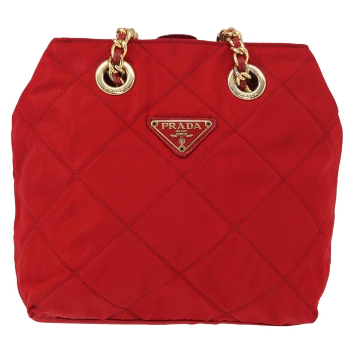 PRADA Chain Shoulder Bag Nylon Red Gold Auth bs31153