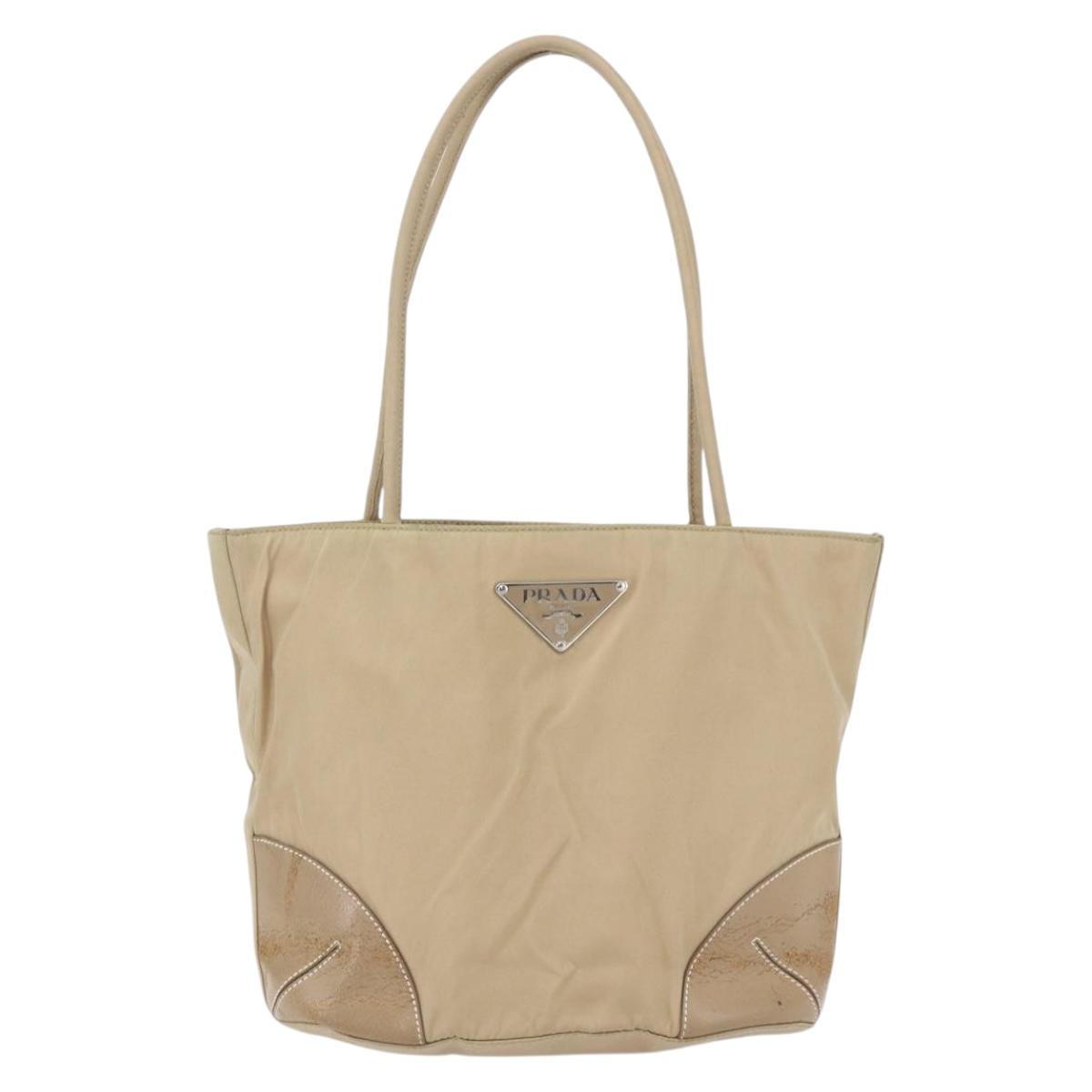 PRADA Tote Bag Nylon Leather Beige Silver Auth bs31154