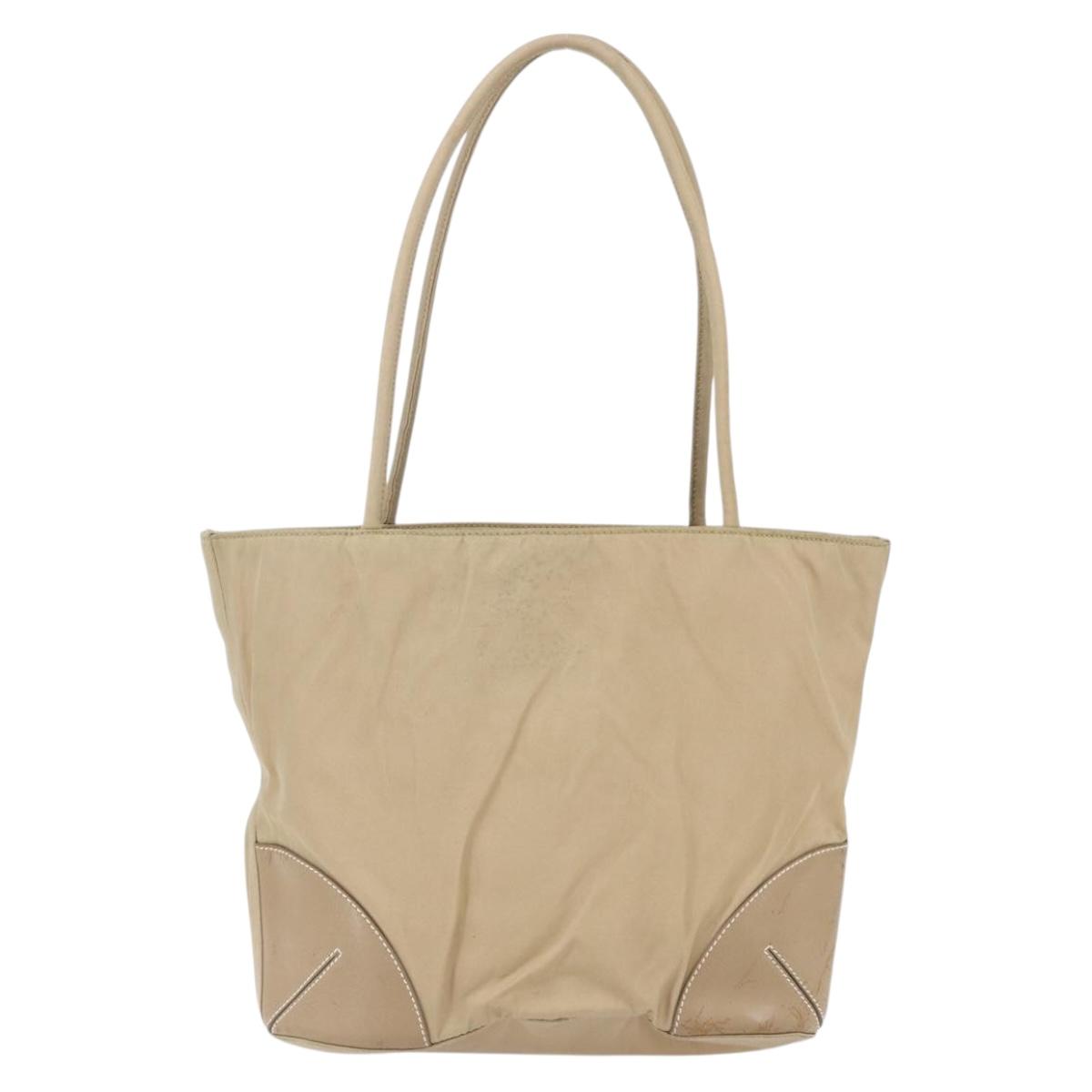 PRADA Tote Bag Nylon Leather Beige Silver Auth bs31154