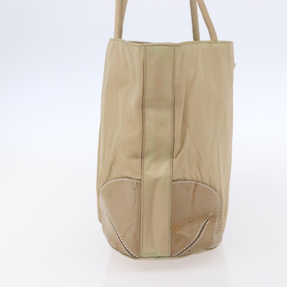 PRADA Tote Bag Nylon Leather Beige Silver Auth bs31154