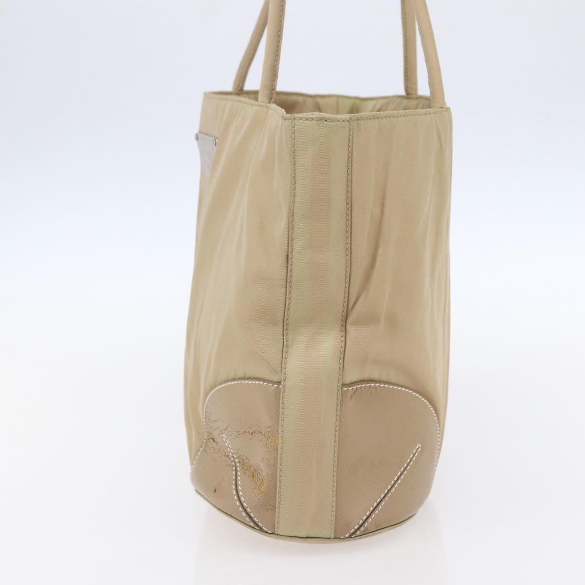 PRADA Tote Bag Nylon Leather Beige Silver Auth bs31154
