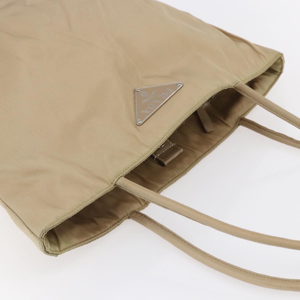 PRADA Tote Bag Nylon Leather Beige Silver Auth bs31154