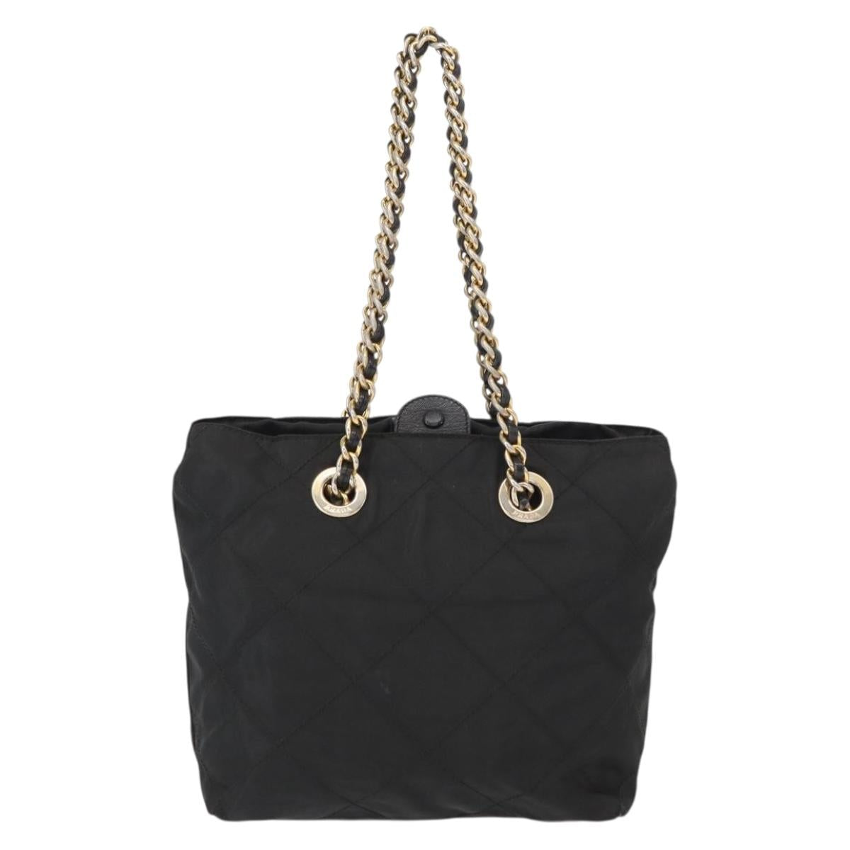 PRADA Chain Hand Bag Nylon Black Gold Auth bs31172
