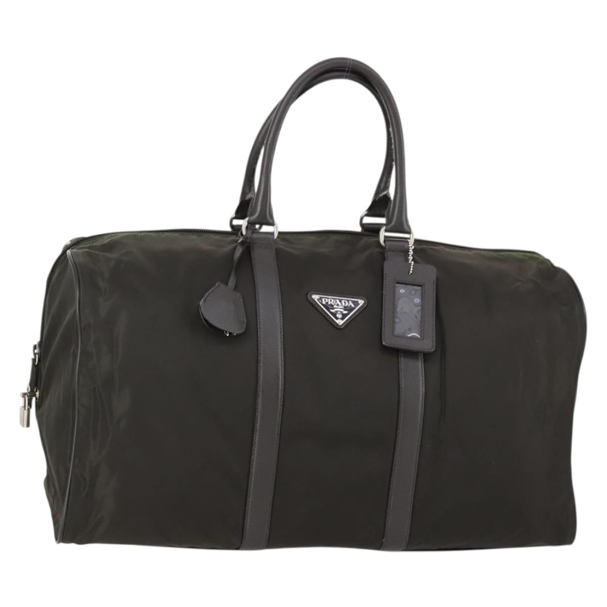 PRADA Boston Bag Nylon Leather Khaki Silver Auth bs31176