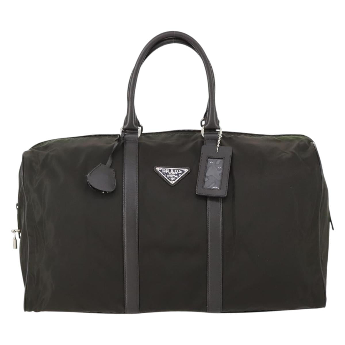 PRADA Boston Bag Nylon Leather Khaki Silver Auth bs31176