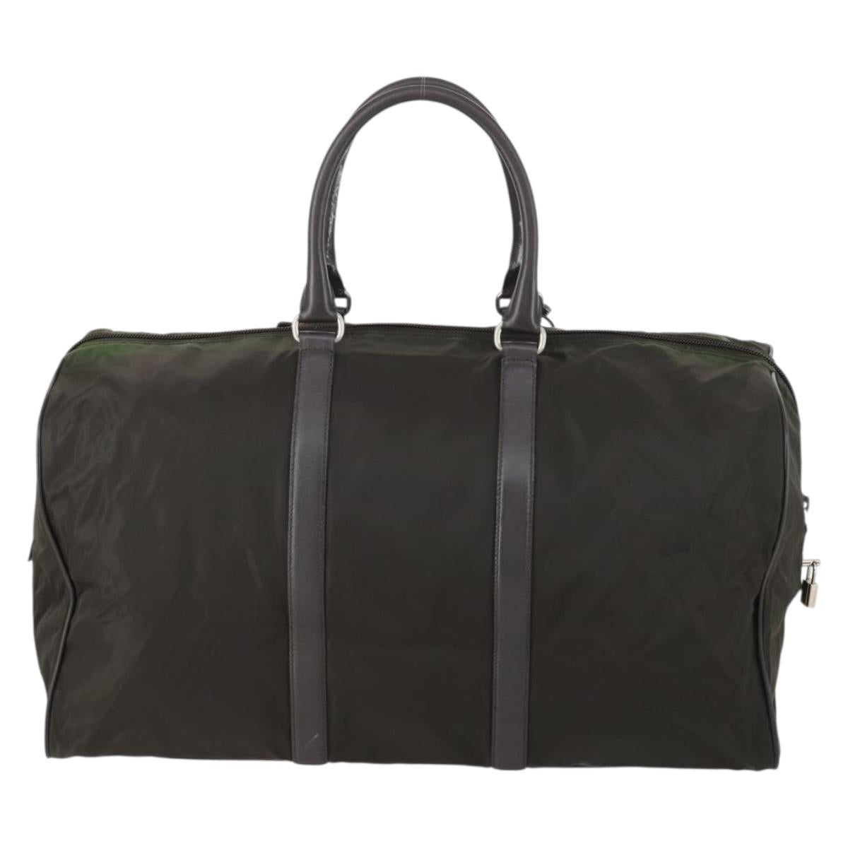 PRADA Boston Bag Nylon Leather Khaki Silver Auth bs31176