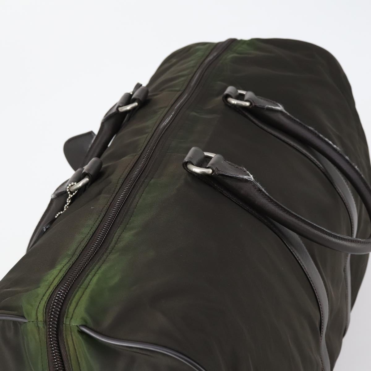 PRADA Boston Bag Nylon Leather Khaki Silver Auth bs31176