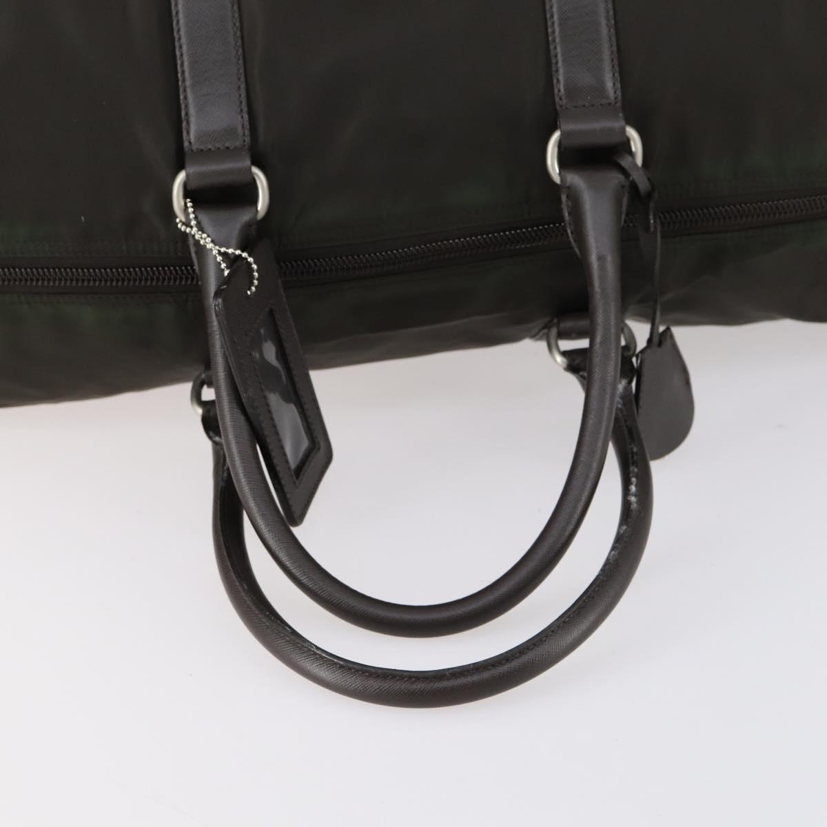 PRADA Boston Bag Nylon Leather Khaki Silver Auth bs31176